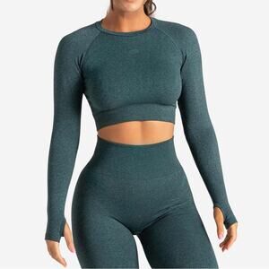 PURSUE FITNESS Teal Marl Core Seamless Crop Top Long Sleeve Gym Workout Size S